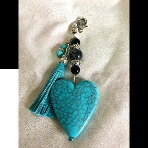 Turquoise Heart Charm Keychain with Tassel – Handmade Gift